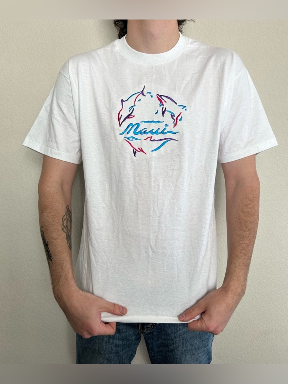 Vintage Dolphin Maui Tee White Colorful Ocean Vibes Y2K Adult Size Large
